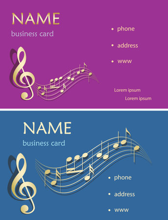 business cards with golden music notes - vector purple and blue templatesのイラスト素材