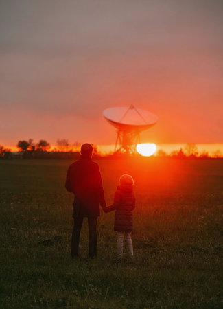 father and little daughter stand against the background of a beautiful sunset and a satellite dish,...
