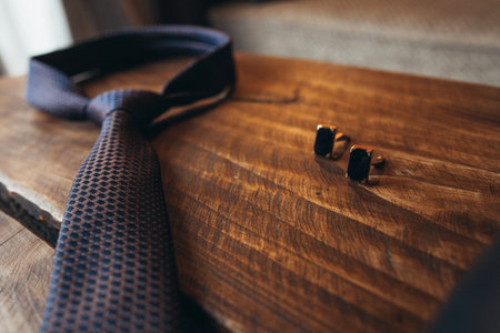 mens tie and cufflinks on a wooden table. close-up high quality photoの写真素材