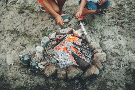 family kids on a beautiful campfire frying marshmallows on the beach in summer on a cloudy day, front view close upの写真素材