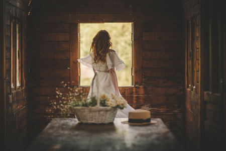 beautiful girl with red long curly hair whirls waving her hair near the window in an old wooden house in a white dress in the foreground a table on which a basket with flowers and a straw hatの写真素材