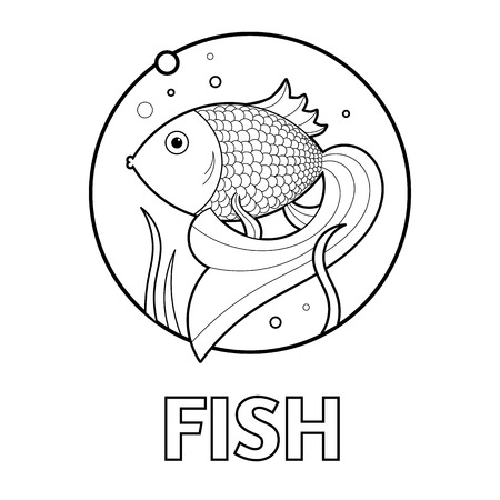 Vector illustration of educational coloring page with cartoon animal - fish in water- for kidsのイラスト素材