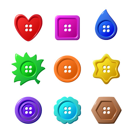 Collection of sewing buttons in different colors on white backgroundの写真素材