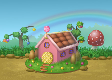 Illustration of sweet house of cookies and candies on a background of meadows, mushroom, candy trees and rainbowのイラスト素材