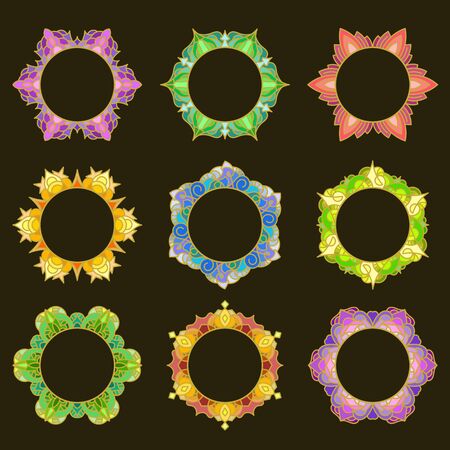 Set of 9 delicate round frames with place for your text or picture for your design. Colorful oval borders in stained-glass styleのイラスト素材