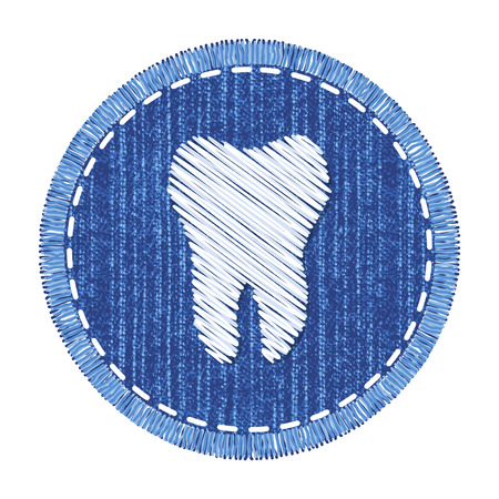 Blue round denim patch with white tooth embroidery, stitch and fringe. Jeans fabric with symbol of dental care. Element for desirn at International Dentist Day.のイラスト素材