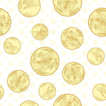 Pancakes seamless pattern on white dotted background. Vector illustration. Maslenitsa decoration.のイラスト素材