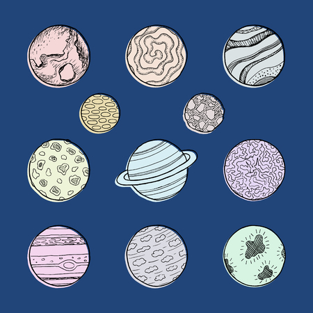 Set of hand drawn doodle planets with different textures. Sketch space illustration.のイラスト素材