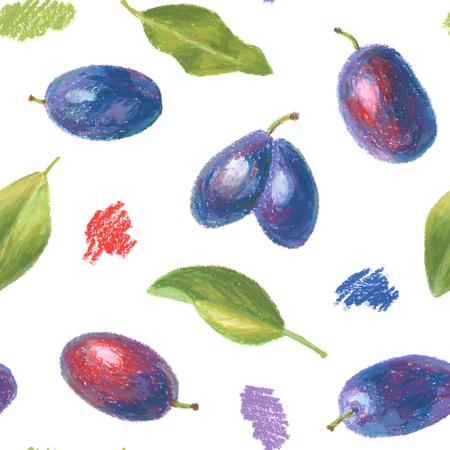 Crayon plums with leaves seamless pattern. Hand drawn artistic fruit repeatable background with oil pastels. Colorful illustration.の写真素材