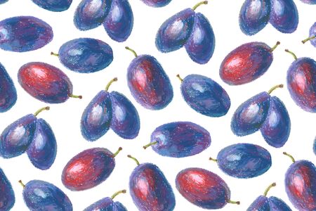 Crayon plums with leaves seamless pattern. Hand drawn artistic fruit repeatable background with oil pastels. Colorful illustration.の写真素材