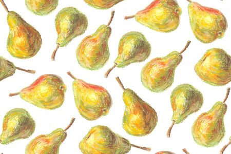Crayon pears seamless pattern. Hand drawn artistic fruit repeatable background with oil pastels. Colorful illustration.の写真素材