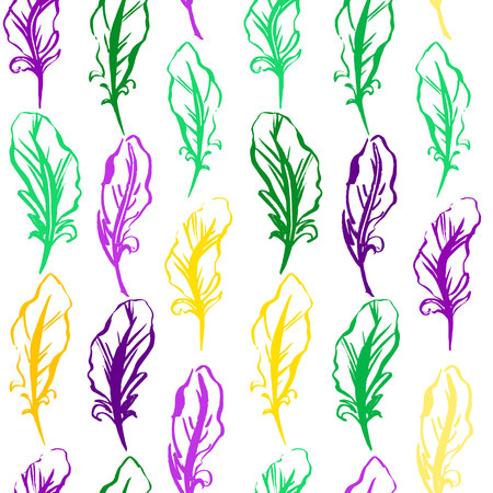 Mardi Gras seamless feather pattern. Hand drawn Fat Tuesday background. Artistic colorful repeatable design. Trendy plume illustration.のイラスト素材