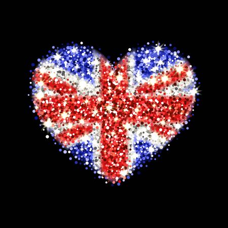 United Kingdom of Great Britain and Northern Ireland flag sparkling badge in heart shape. Icon with British national colors with glitter effect. Button design. Vector illustration. One of a series of signsのイラスト素材
