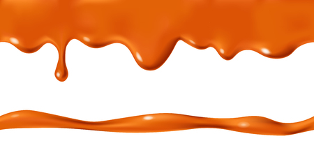 Seamless dripping caramel drops of sweet sauce isolated on white background. Orange or brown paint stains design. Vector illustration. Realistic horizontal borderのイラスト素材
