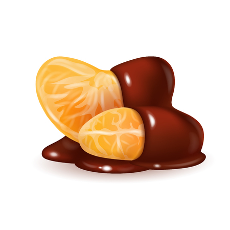 Tangerine slices in melted chocolate glaze. Mandarin peeled segments covered with liquid dark brown sauce isolated on white background. Orange sections in cocoa cream. Photorealistic 3d vector illustration for food packaging.のイラスト素材