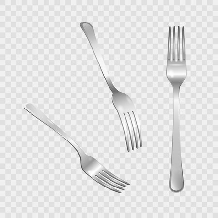 Set of realistic metal forks from different points of view. 3d realism. Vector stainless steel cutlery illustration isolated on transparent background.のイラスト素材