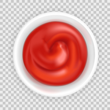 Realistic 3d tomato ketchup in a bowl. Red pasta sauce isolated on transparent background. Spicy dressing in white ramekin. Top view, realismのイラスト素材