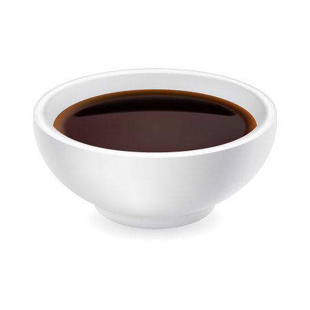 Realistic soy sauce in a bowl. 3d vector illustration of balsamic vinegar isolated on white background. Dressing in round ramekin. Side viewのイラスト素材