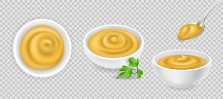 Realistic 3d french mustard in round bowl set. Yellow sauce isolated on transparent background with spoon and parsley. Spicy dressing in ramekin. Side and top view, realismのイラスト素材