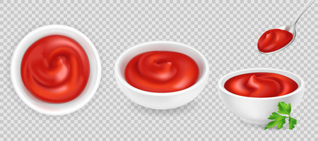 Realistic 3d ketchup in bowl and spoon with parsley. Tomato sauce set isolated on transparent background. Spice dressing composition in ramekin. Side and top view, vector illustration for food packaging. Realism.のイラスト素材