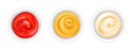 Realistic 3d ketchup, french mustard and mayonnaise in bowl set. Tomato sauce isolated on white background. Spice dressing composition in ramekin. Top view, vector illustration for food packaging. Realism.のイラスト素材