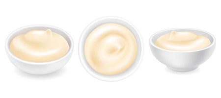 Realistic 3d mayonnaise or sour cream in a round bowl set. Creamy sauce, yoghurt isolated on white background. Yogurt dressing in ramekin. Side top view, realism. Vector design illustrationのイラスト素材