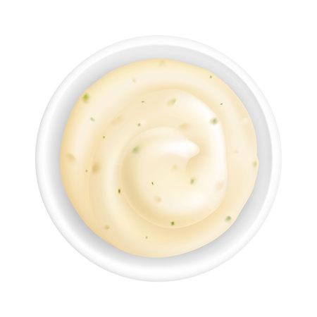 Realistic 3d tartar sauce in a round bowl. Creamy tartare sauce isolated on white background. Mayonnaise condiment for fish in ramekin. Top view, realism. Vector design illustrationのイラスト素材