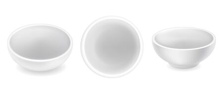 Set of 3d empty round sauce bowls. White ceramic condiment ramekins isolated on background. Top and side view. Small realistic sauceboatのイラスト素材