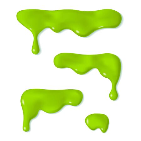 Set ot of melted dripping slime. Oozing green liquid paint. 3d realistic vector illustration isolated on white background. Halloween design. Flowing melted toxic blob. Horizontal leaking borderのイラスト素材