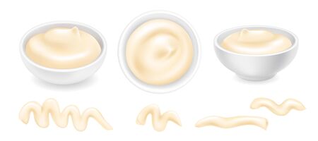 Realistic 3d mayonnaise or sour cream in a round bowl set. Creamy sauce, yoghurt drops isolated on white background. Yogurt dressing in ramekin. Side top view, realism. Vector design illustrationのイラスト素材
