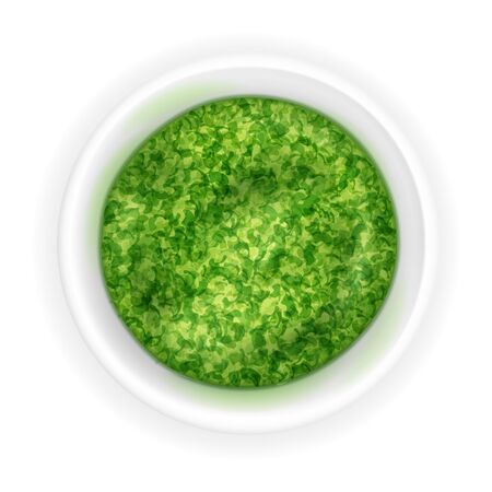 Realistic pesto sauce in a round bowl isolated on a white background. Green condiment in 3d style. Top view, realism. Vector design illustrationのイラスト素材