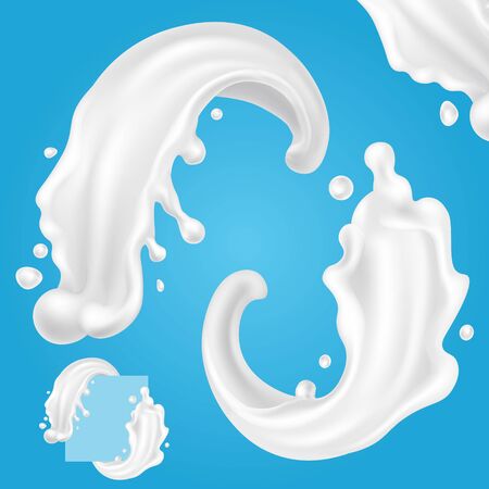 Milk splash corner decoration design. 3d realistic white yogurt pouring drop. Dripping cream icon. Liquid lotion abstract illustration.のイラスト素材