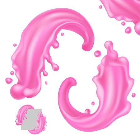 Pink milk splash corner decoration design. 3d realistic cherry yogurt pouring drop. Dripping strawberry cream icon. Liquid lotion abstract illustration isolated on white background.のイラスト素材