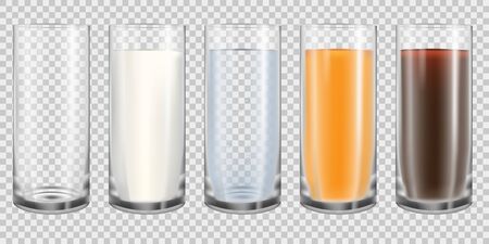 Empty and full glass realistic set. Milk, water, juice and cola in translucent cups isolated on transparent background. Drink icons collection, side viewのイラスト素材