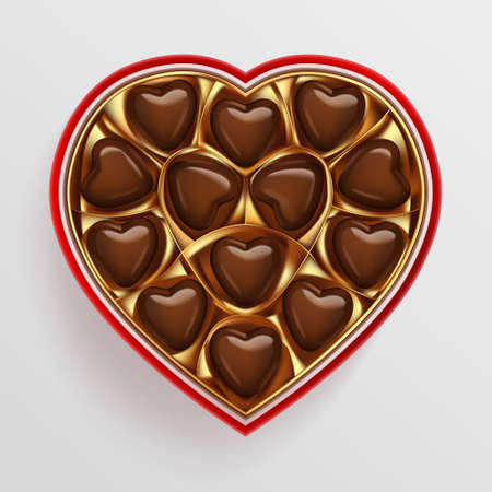 Box of chocolate sweets in heart shape. Top view vector illustration isolated. Realistic 3d design, romantic conceptのイラスト素材