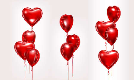 Red foil air balloons set. Collection of different bunch of heart shaped balloons. Party compositions. Valentines day decorationのイラスト素材