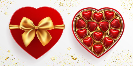 Box of wrapped chocolate sweets in heart shape. Red lid with golden bow. Top view vector illustration isolated. Realistic 3d design, romantic conceptのイラスト素材