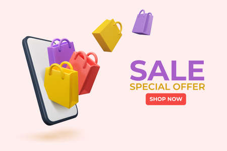 3d online shopping banner template. Vector render mockup with gift bags and phone. Sale conceptのイラスト素材