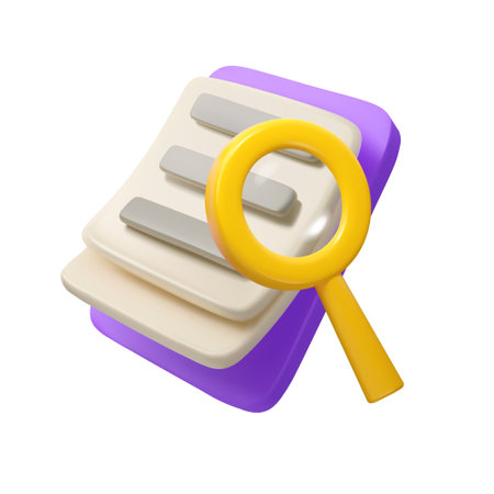 Vector 3d icon search information. Cartoon list with magnifying glass. Simple data analysis conceptのイラスト素材