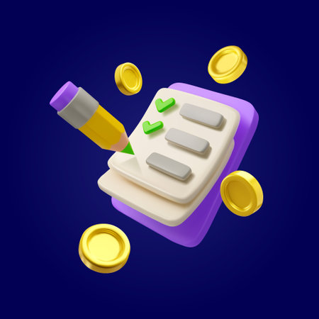 Vector 3d icon checklist with coins. Paid survey illustration, isolated on a dark background. Tax or budget management conceptのイラスト素材
