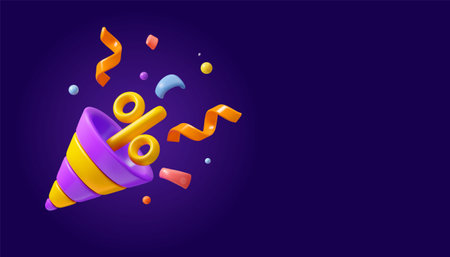 Vector 3d party popper banner. Marketing sale or discount background with copy space, isolated on dark background. Simple render styleのイラスト素材