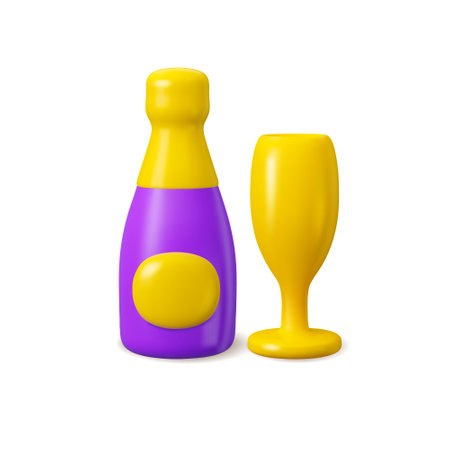 Vector 3d icon wine bottle. Champagne and drinking glass simple render illustration isolated on white backgroundのイラスト素材