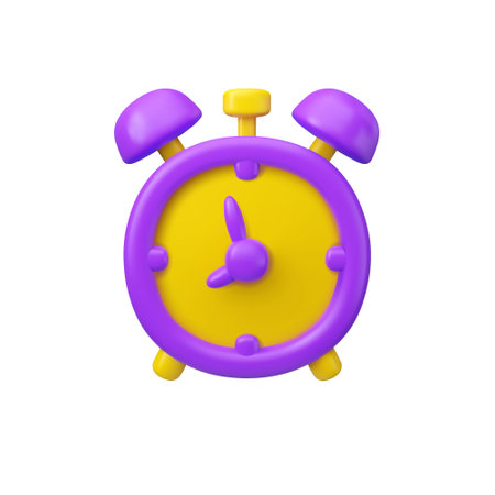 Vector 3d alarm clock icon. Purple and yellow cartoon watch isolated on white background.