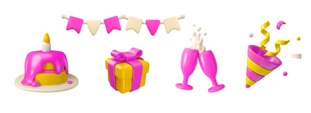 Vector 3d pink birthday icons set. Cartoon celebration design, isolated on white backgroundのイラスト素材