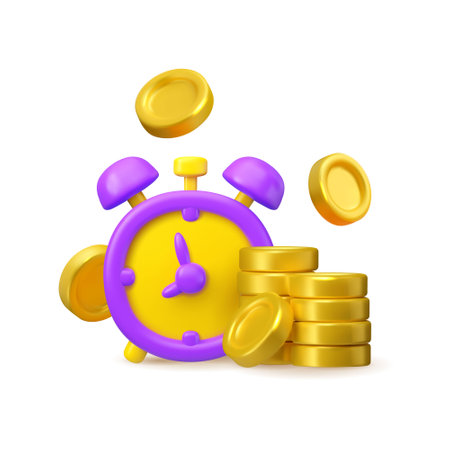 Vector 3d time is money concept icon. Payment idea. Alarm clock with golden flying coins isolated on white backgroundのイラスト素材