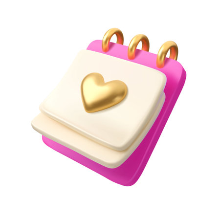 Vector 3d Birthday calendar with golden heart icon template. Pink cartoon render agenda mockup isolated on white background, special dating day conceptのイラスト素材