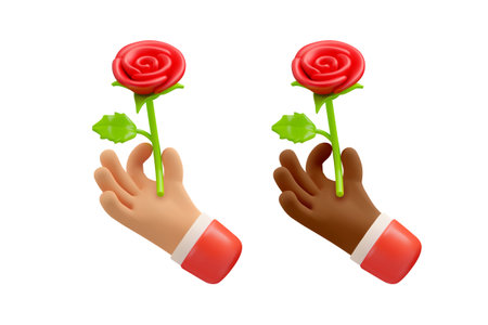 Vector 3d hand holding red rose icons. Flower in fingers of cartoon arm stylized illustration, isolated on white background. Happy mothers day or Women day concept. St. Valentine design elementのイラスト素材