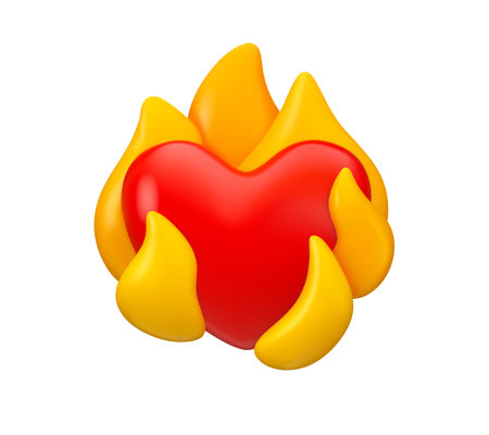 Red heart on fire vector 3d icon. Cartoon emoji isolated on white background. Love or passion emoticon concept. Glossy realistic render design elementのイラスト素材