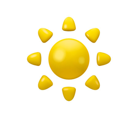 Vector 3d shining sun emoji. Yellow cartoon icon, isolated on white background. Cute summer emoticon illustration, good weather symbolのイラスト素材
