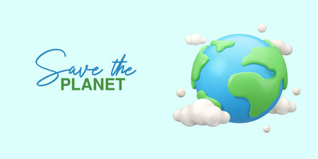 Save the planet banner 3d. Vector Earth day design. Poster with planet Earth and white clouds in...